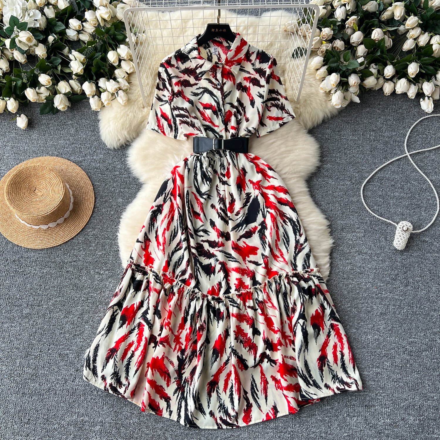 Women'S New French Vintage Polo Collar Short Sleeve Waisted Printed Ruffled Long Casual Dresses