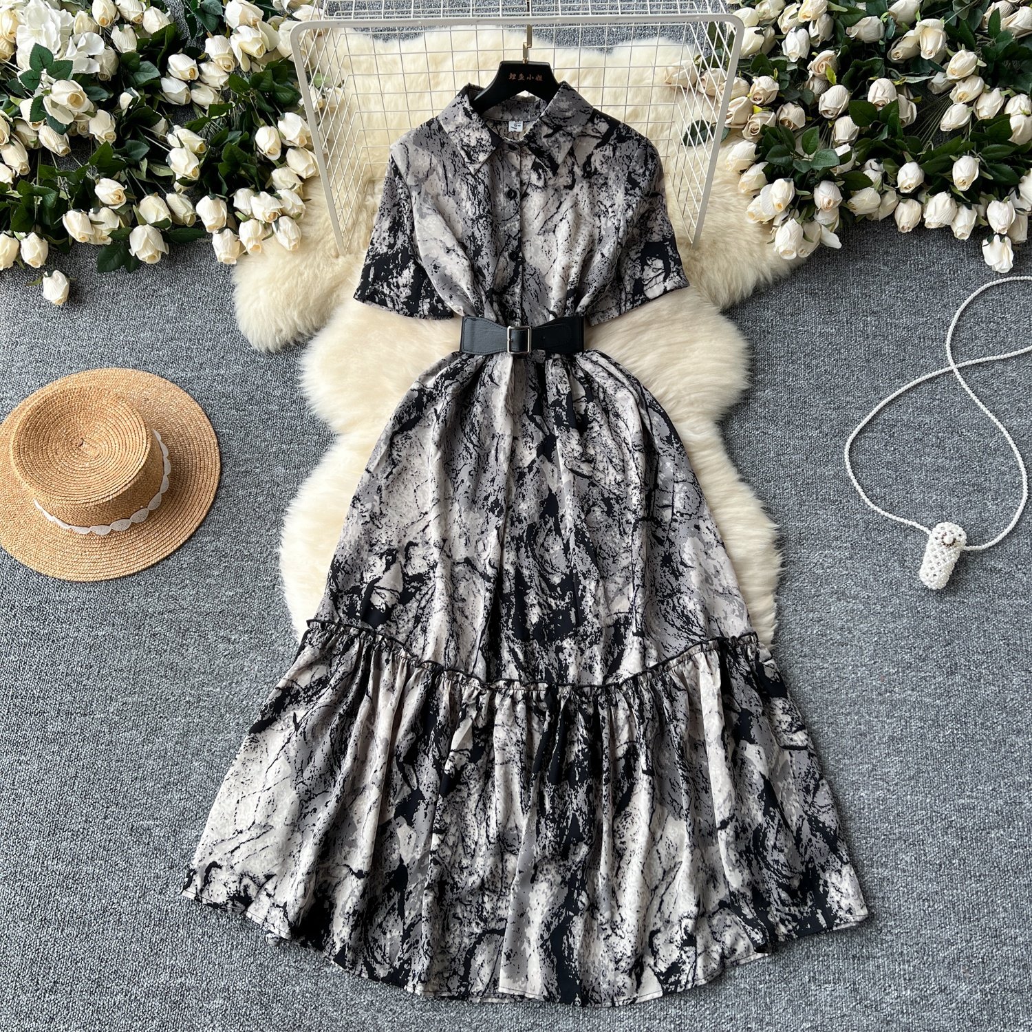Women'S New French Vintage Polo Collar Short Sleeve Waisted Printed Ruffled Long Casual Dresses