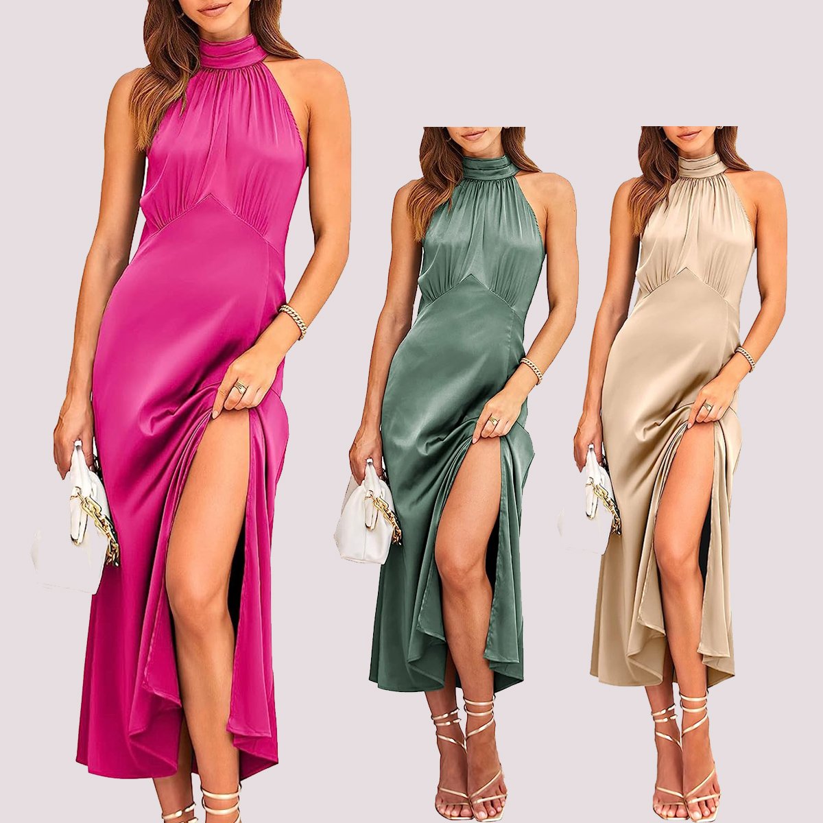 Sexy Fashion Slit Medium Evening Dress Solid Color Halter Neck Sleeveless womens dresses For Party