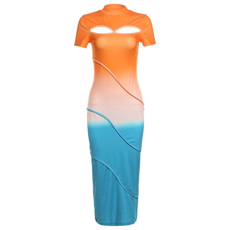 Chic Hollow Out Contrast Color Short Sleeve Dress Slim Fit Sexy Women S Casual Dress 2024