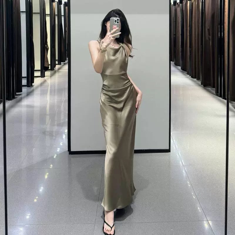 TAOP&ZA Women's 2024 Summer New Arrival French Style Swing Collar Satin Sleeveless Waist Pleated Waist Vest Dress 2124305
