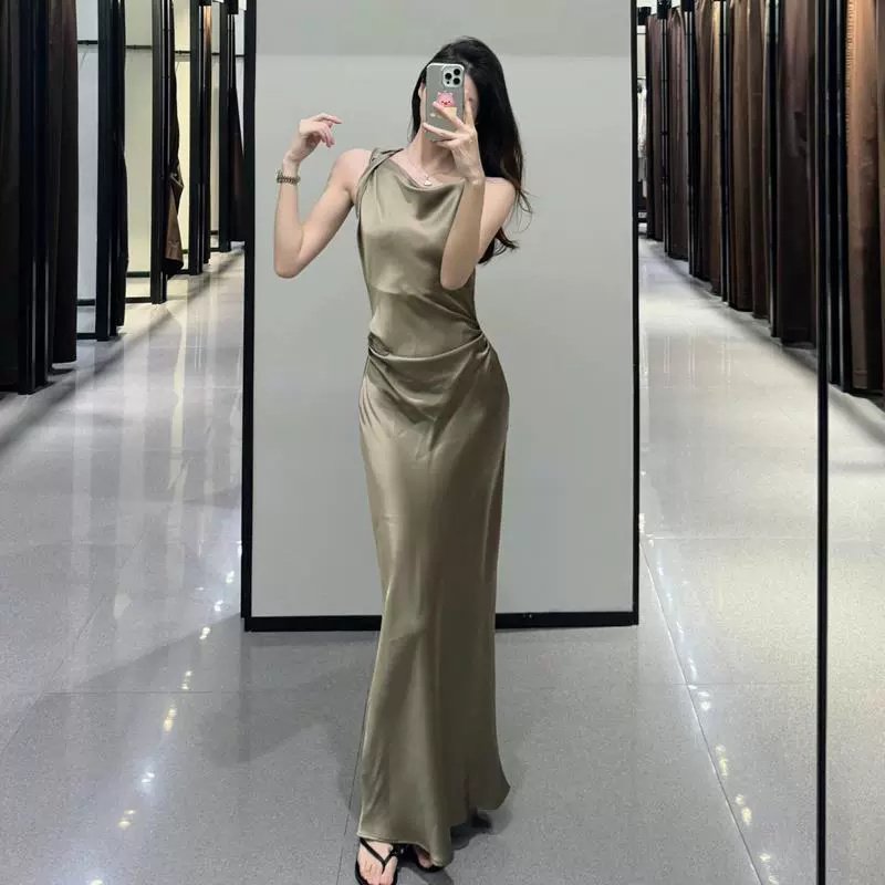 TAOP&ZA Women's 2024 Summer New Arrival French Style Swing Collar Satin Sleeveless Waist Pleated Waist Vest Dress 2124305