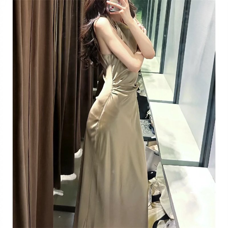 TAOP&ZA Women's 2024 Summer New Arrival French Style Swing Collar Satin Sleeveless Waist Pleated Waist Vest Dress 2124305