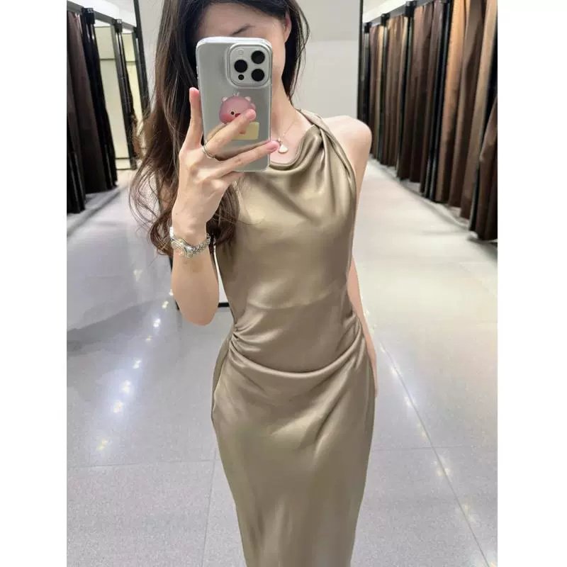 TAOP&ZA Women's 2024 Summer New Arrival French Style Swing Collar Satin Sleeveless Waist Pleated Waist Vest Dress 2124305
