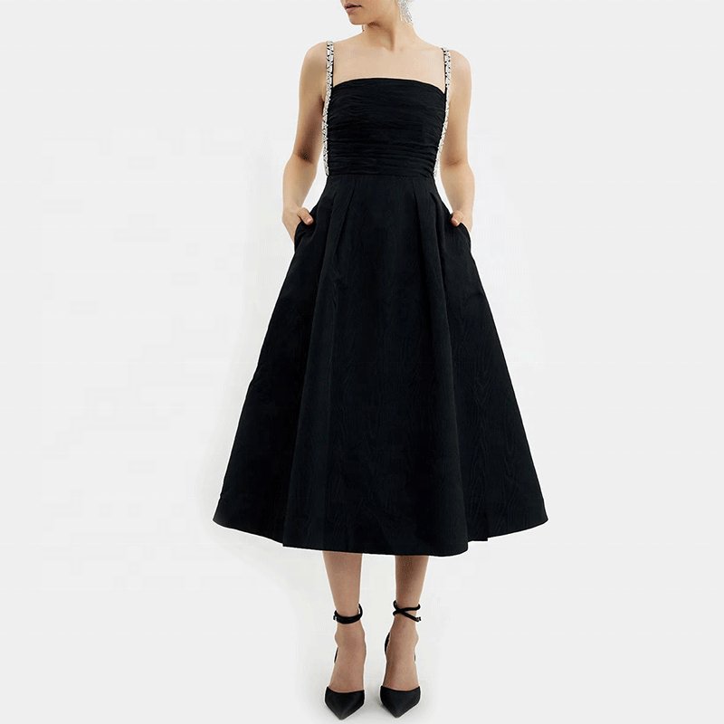 Custom High-end Summer New Simple Elegant Party Evening Suspender Midi Black Pleated Sleeveless Casual Dress