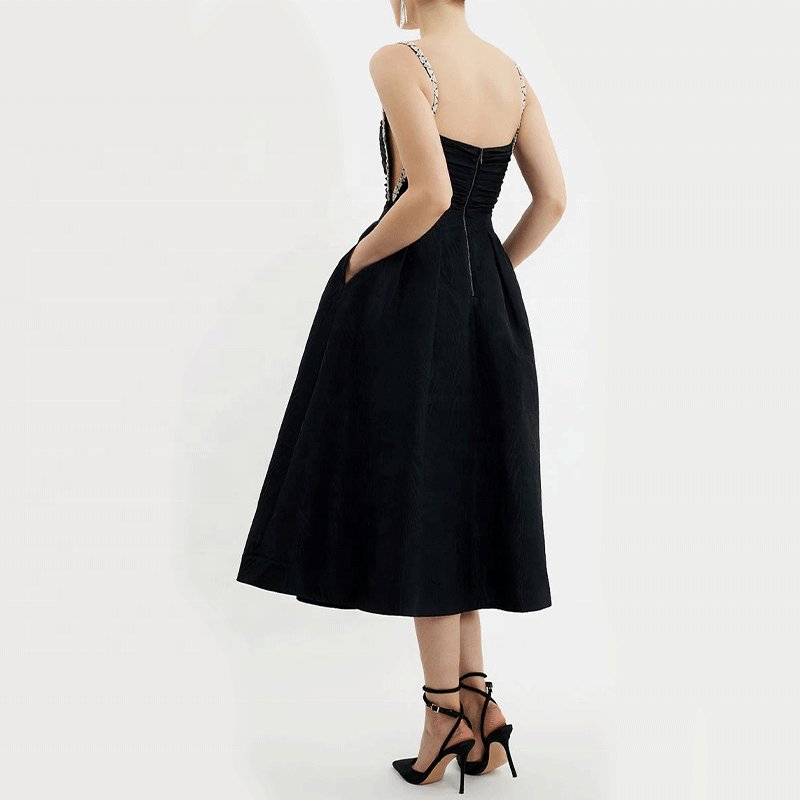 Custom High-end Summer New Simple Elegant Party Evening Suspender Midi Black Pleated Sleeveless Casual Dress