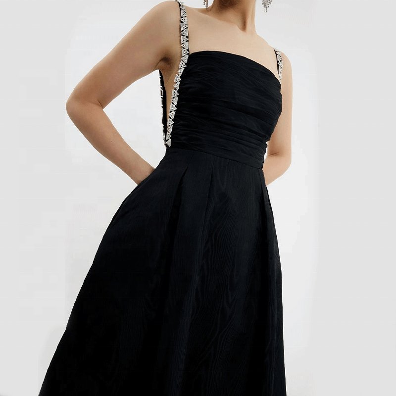 Custom High-end Summer New Simple Elegant Party Evening Suspender Midi Black Pleated Sleeveless Casual Dress