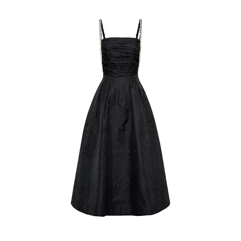 Custom High-end Summer New Simple Elegant Party Evening Suspender Midi Black Pleated Sleeveless Casual Dress
