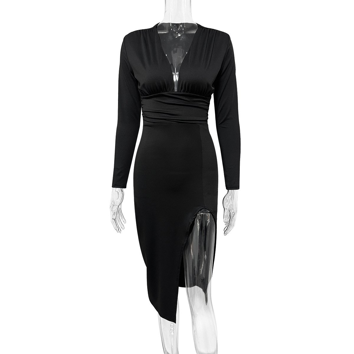 Fall Fashion Casual Slit Dresses Women's Sexy Tight Long Sleeve Solid Deep V Neck Dresses Bodycon Club Party Wrap Dress