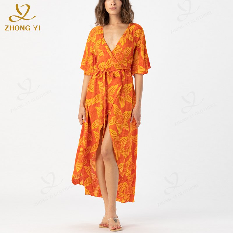 Casual Dresses 2024 Women Clothing Manufacturer Custom Sexy Loose Split Bohemian Floral Fashion Long Dresses For Beach Holiday