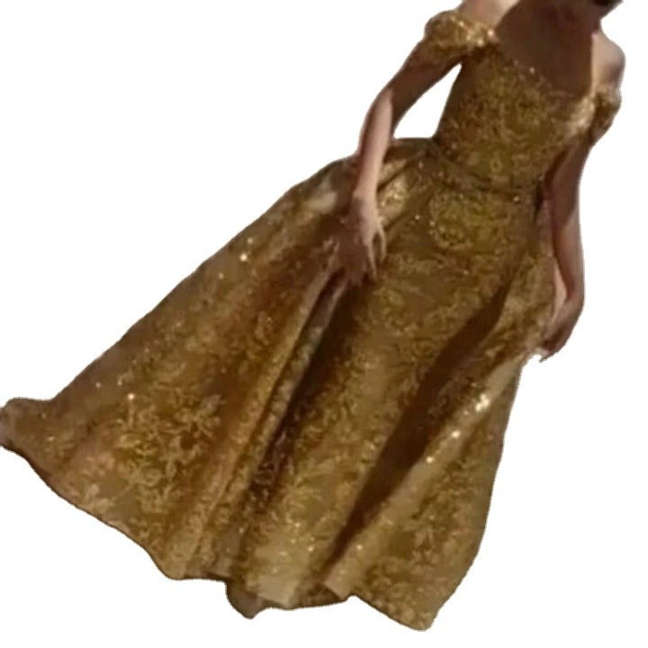 Vintage Gold Elegant Hip Wrap Evening Dress with Big Hem Fashion Dress for Women Muslim Women Dress