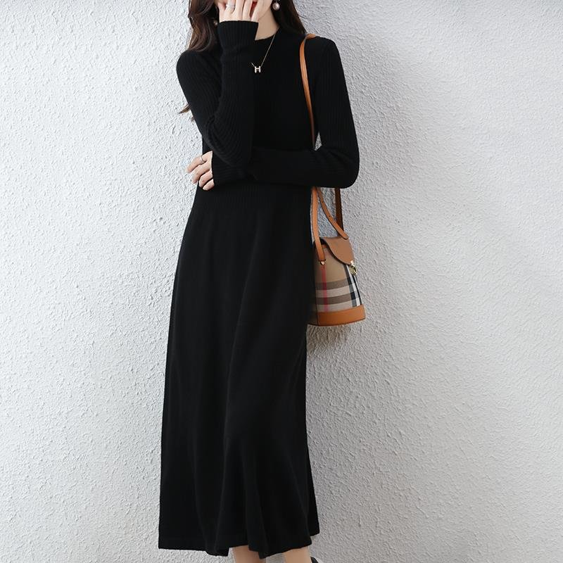 Women Lady Autumn Winter Long Sweater Dresses Knit O-neck Solid Color Knitwear Simple Casual A-line Midi Long Dress