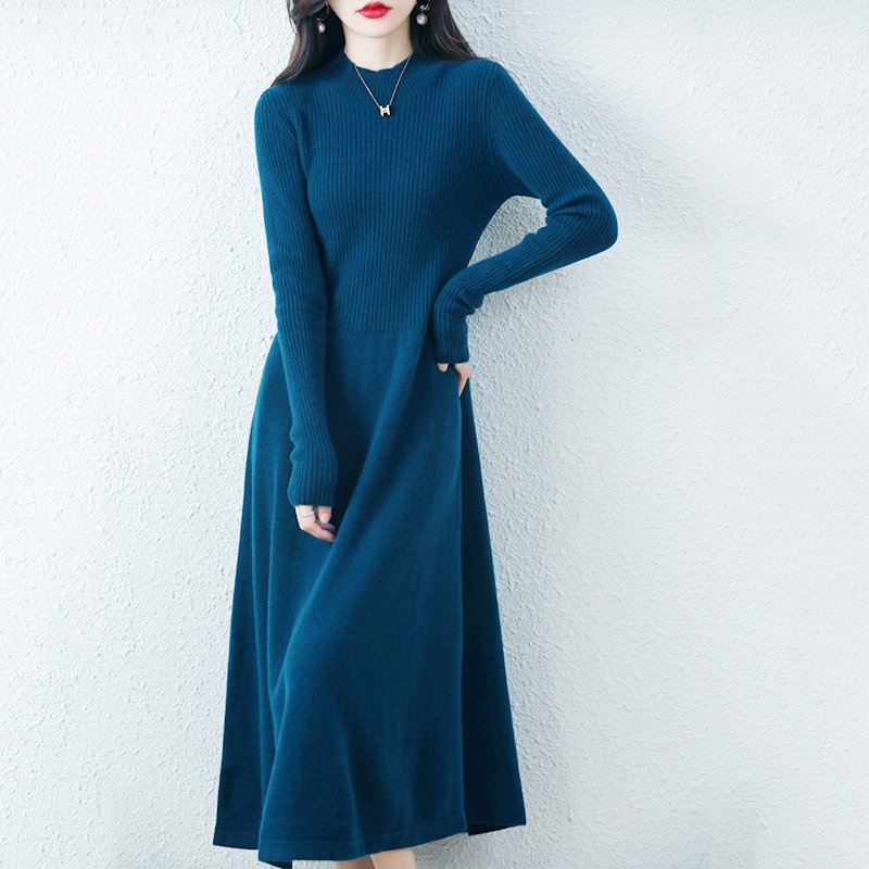 Women Lady Autumn Winter Long Sweater Dresses Knit O-neck Solid Color Knitwear Simple Casual A-line Midi Long Dress