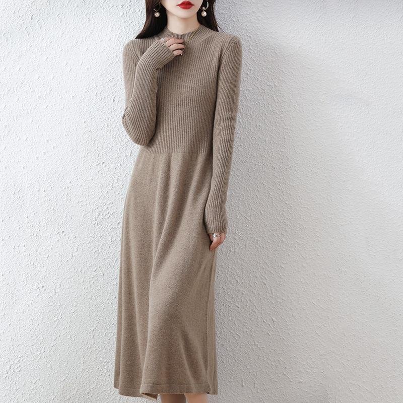 Women Lady Autumn Winter Long Sweater Dresses Knit O-neck Solid Color Knitwear Simple Casual A-line Midi Long Dress