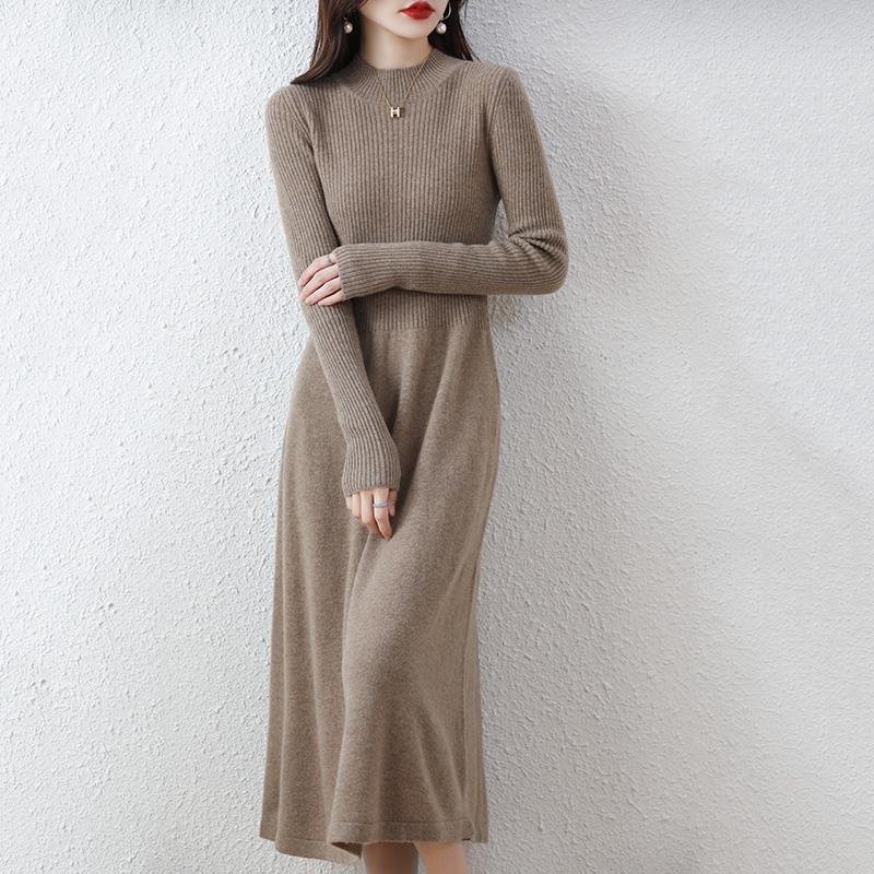 Women Lady Autumn Winter Long Sweater Dresses Knit O-neck Solid Color Knitwear Simple Casual A-line Midi Long Dress