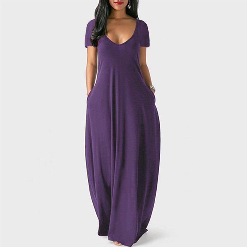 New Arrival Summer Solid Color Deep V-Neck Maxi Dress Short Sleeve Loose Casual Dresses Women 5Xl Plus Size Dress