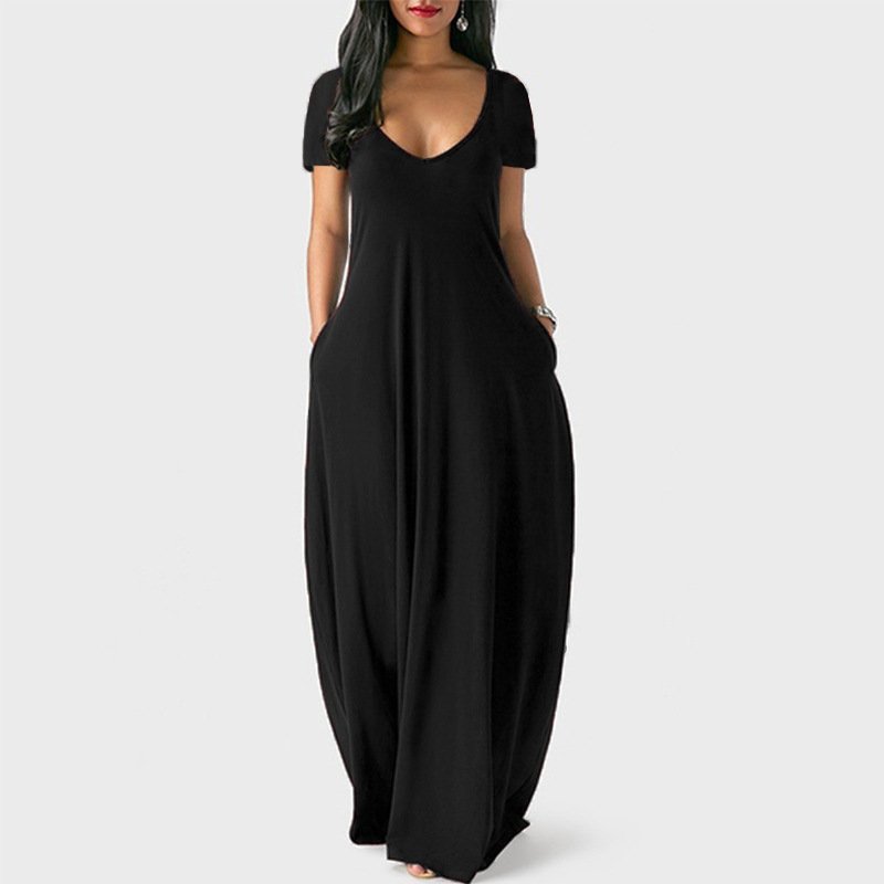 New Arrival Summer Solid Color Deep V-Neck Maxi Dress Short Sleeve Loose Casual Dresses Women 5Xl Plus Size Dress
