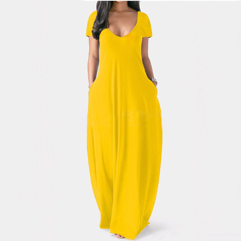 New Arrival Summer Solid Color Deep V-Neck Maxi Dress Short Sleeve Loose Casual Dresses Women 5Xl Plus Size Dress