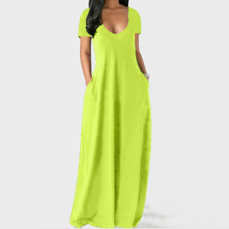 New Arrival Summer Solid Color Deep V-Neck Maxi Dress Short Sleeve Loose Casual Dresses Women 5Xl Plus Size Dress