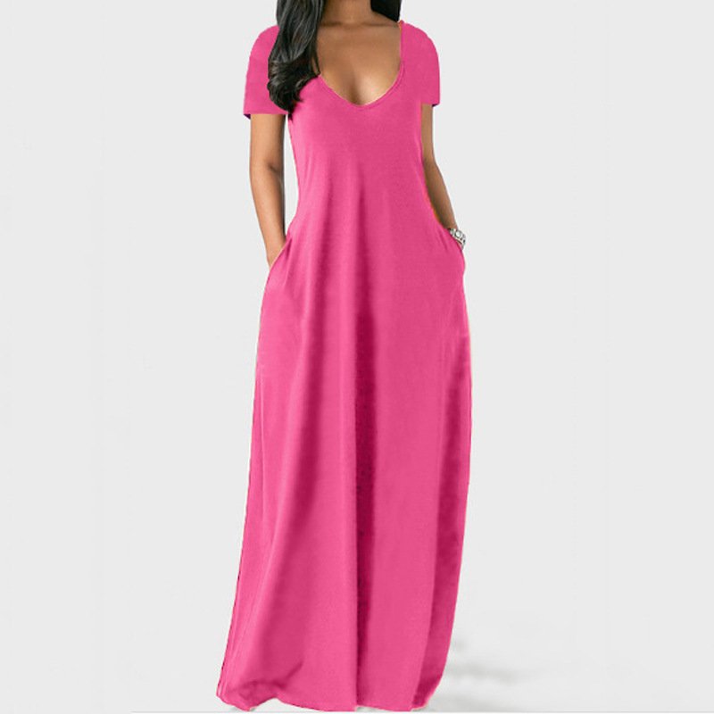 New Arrival Summer Solid Color Deep V-Neck Maxi Dress Short Sleeve Loose Casual Dresses Women 5Xl Plus Size Dress