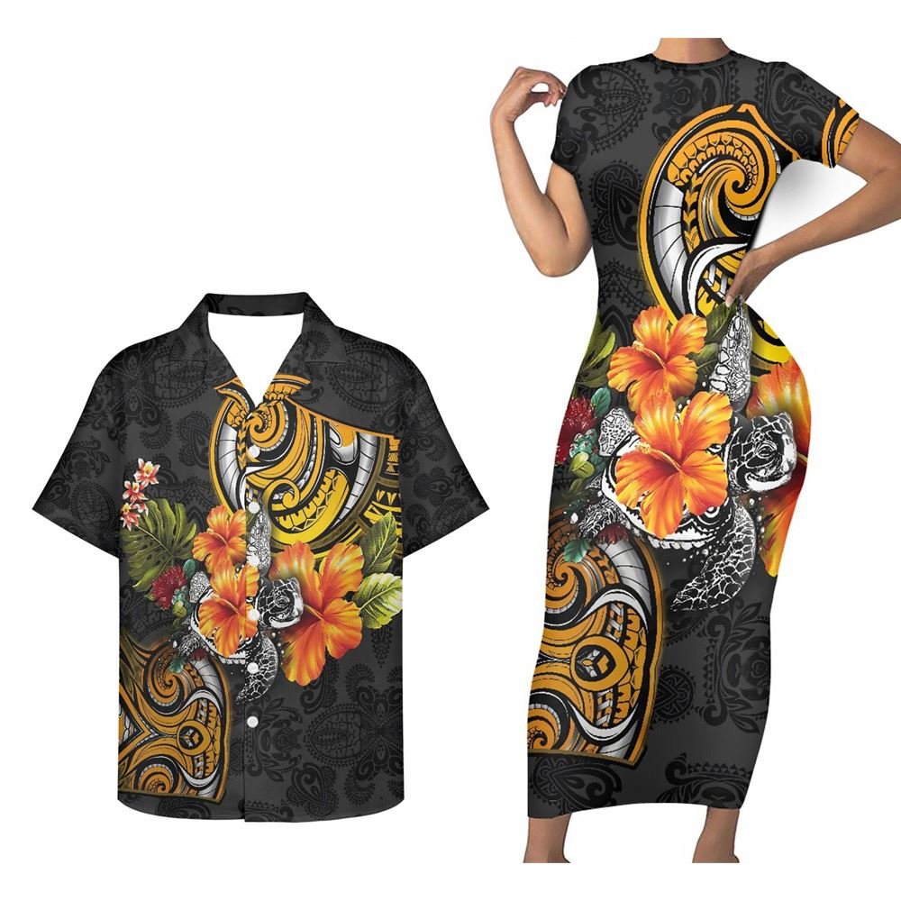 Lovers Couple Matching Clothing Polynesian Tribal Samoa Hawaii Flowers Red Print Custom Elegant Casual Dresses and Men's Shirts