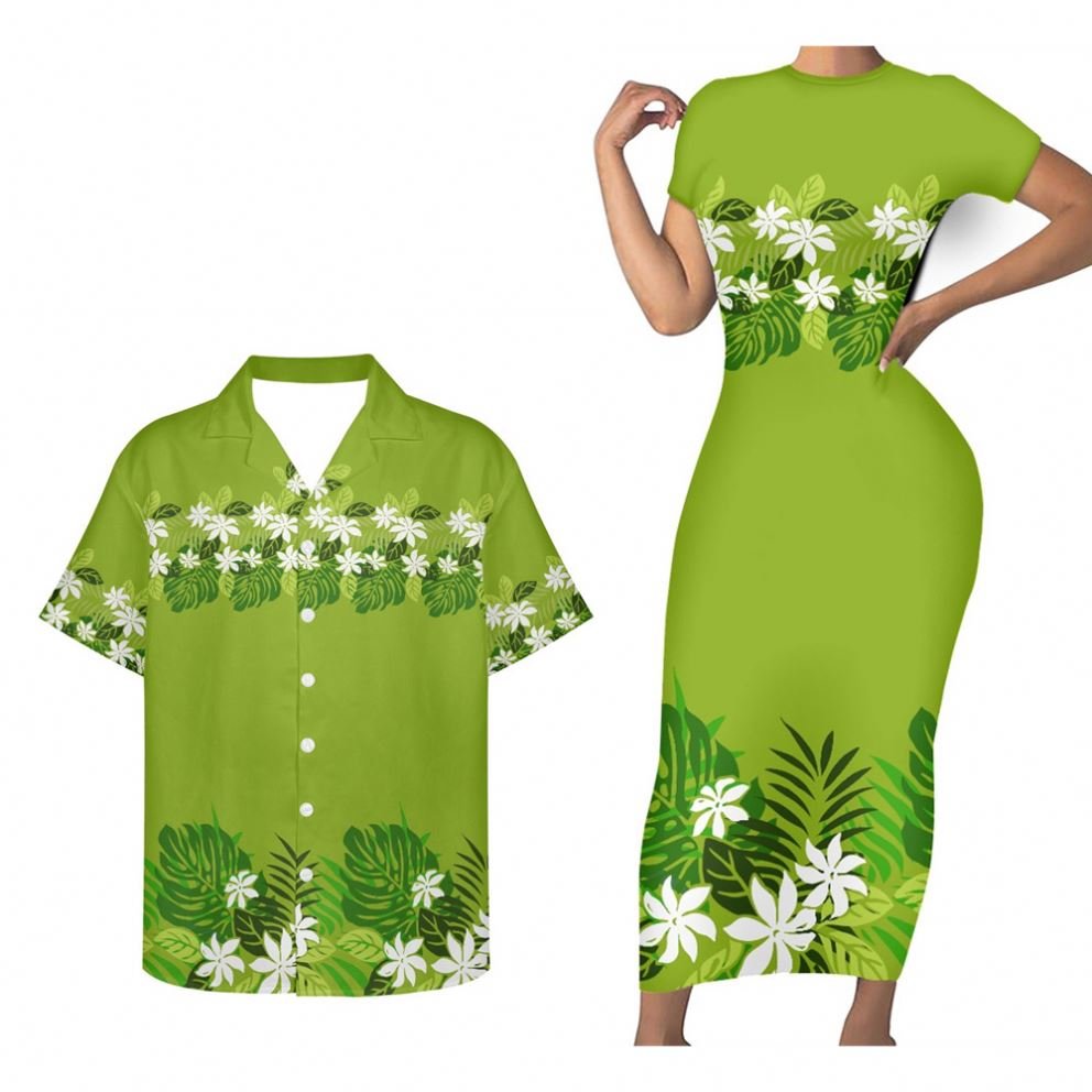 Lovers Couple Matching Clothing Polynesian Tribal Samoa Hawaii Flowers Red Print Custom Elegant Casual Dresses and Men's Shirts