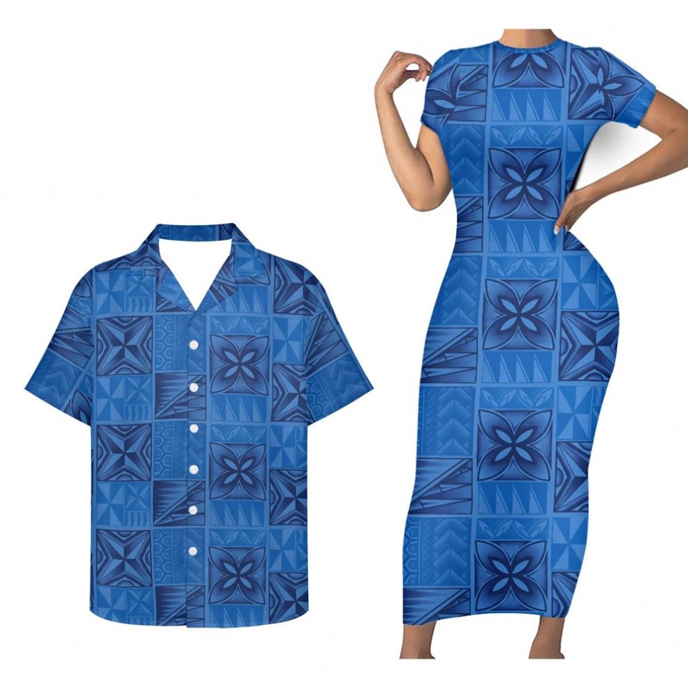 Lovers Couple Matching Clothing Polynesian Tribal Samoa Hawaii Flowers Red Print Custom Elegant Casual Dresses and Men's Shirts