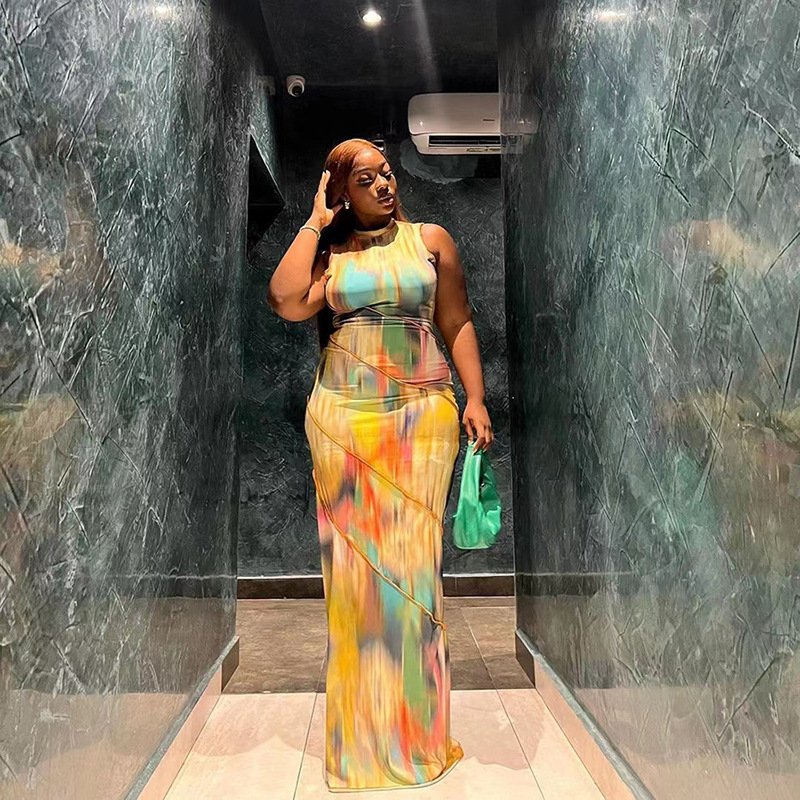 Y45160 hot sale printed sleeveless long midi casual bandage woman dress