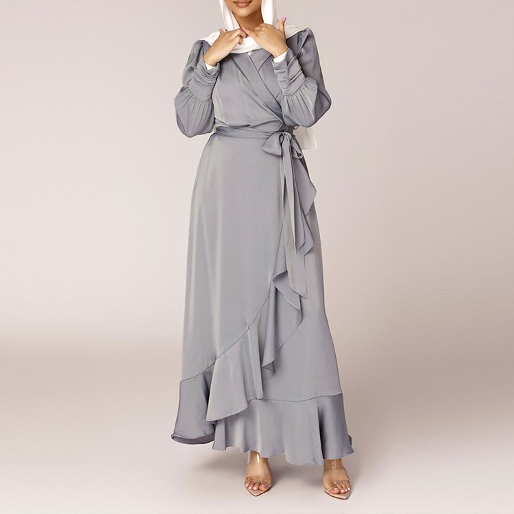 2023 Popular good quality open abaya women muslim dress satin wholesale hot selling long sleeve maxi dress for muslim