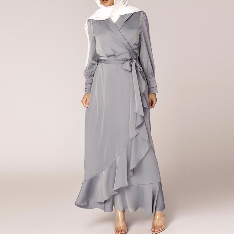 2023 Popular good quality open abaya women muslim dress satin wholesale hot selling long sleeve maxi dress for muslim