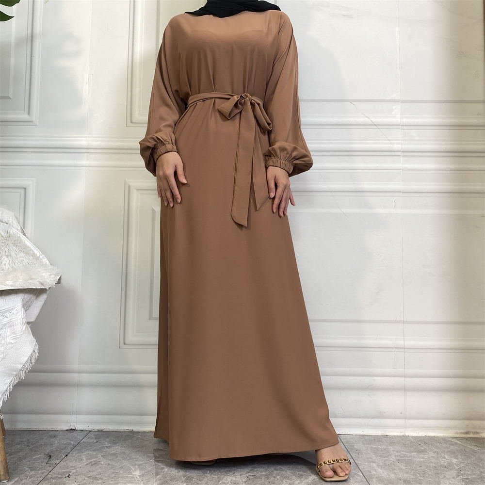 6673# Solid Color Nida Side Pocket Elastic Cuff Muslim Islamic Women Long Dress