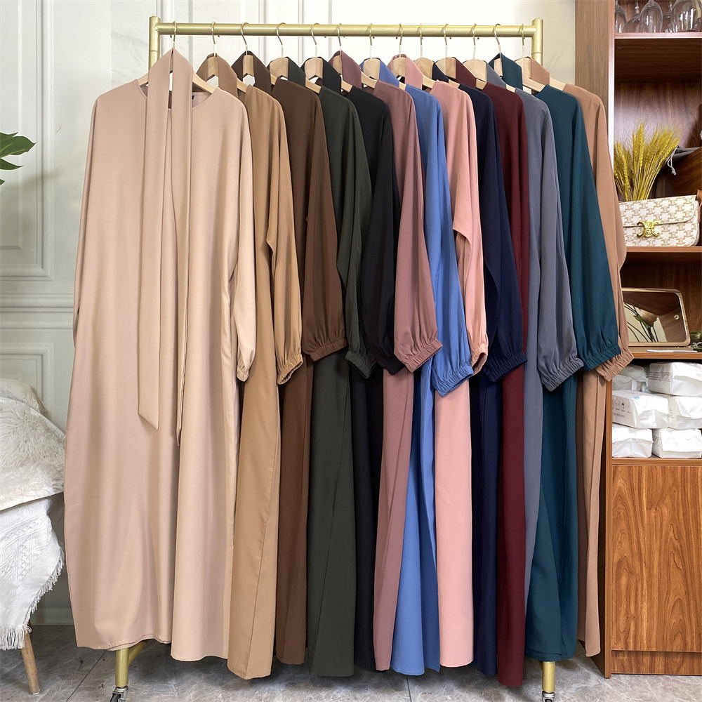 6673# Solid Color Nida Side Pocket Elastic Cuff Muslim Islamic Women Long Dress