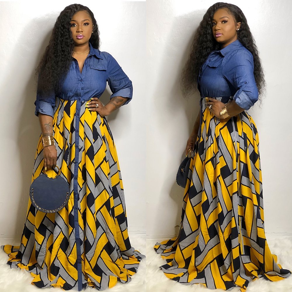 Fall Wear Casual Dresses Long Sleeve Denim Patchwork Print Button Up Shirt Casual Dress African Dress