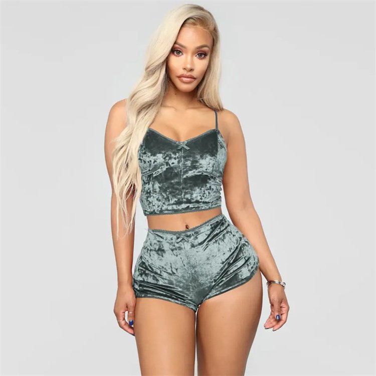2024 Summer Satin Women's Sexy Underwear Velvet Sleepwear Casual Loungewear Blue Nightwear Pajamas-Wholesale Supply Plain