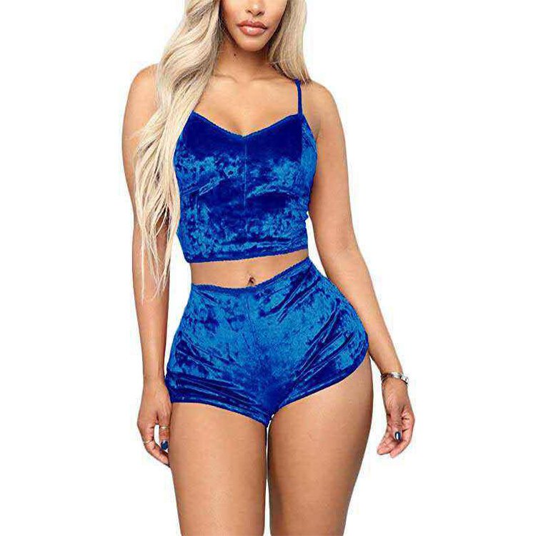 2024 Summer Satin Women's Sexy Underwear Velvet Sleepwear Casual Loungewear Blue Nightwear Pajamas-Wholesale Supply Plain