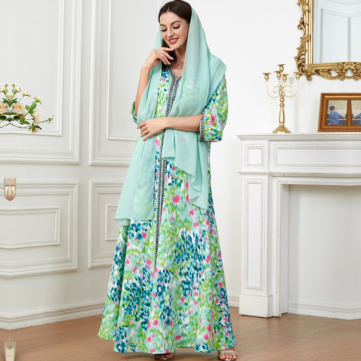 Hot selling floral printed green dress women casual dresses high quality turkish dresses for women formal