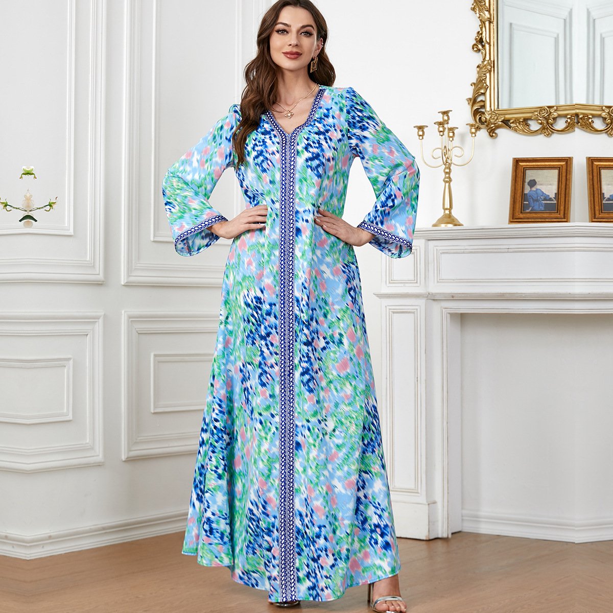 Hot selling floral printed green dress women casual dresses high quality turkish dresses for women formal