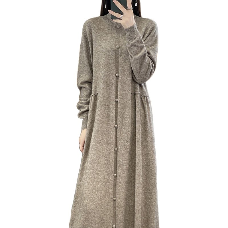 Pure handmade 100% pure cashmere dress women's half high neck Korean version slimmer over the knee long sweater dress