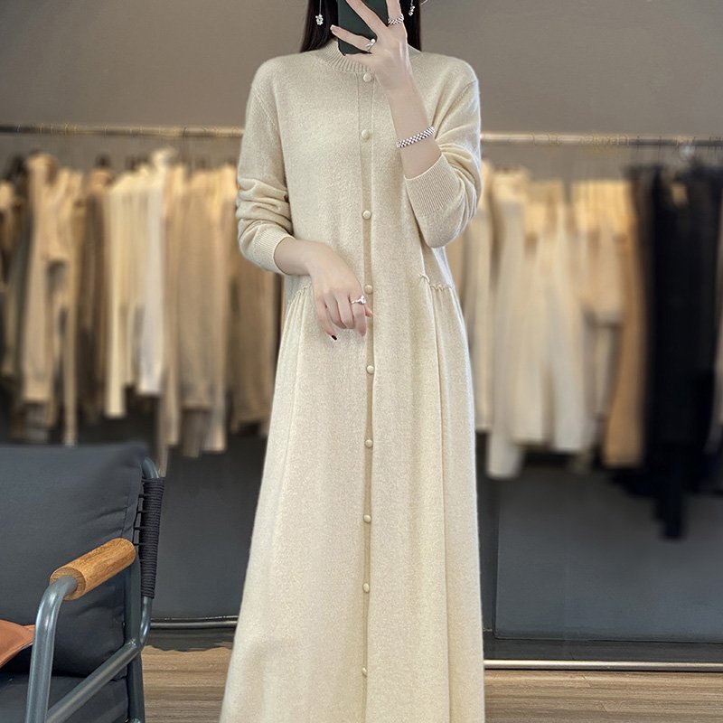 Pure handmade 100% pure cashmere dress women's half high neck Korean version slimmer over the knee long sweater dress