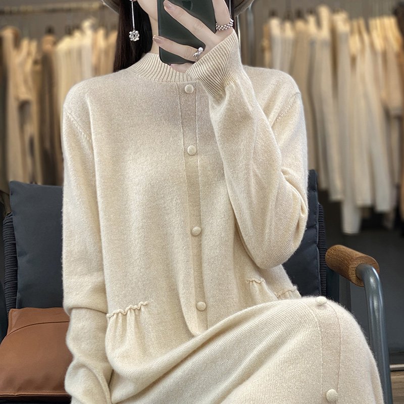 Pure handmade 100% pure cashmere dress women's half high neck Korean version slimmer over the knee long sweater dress