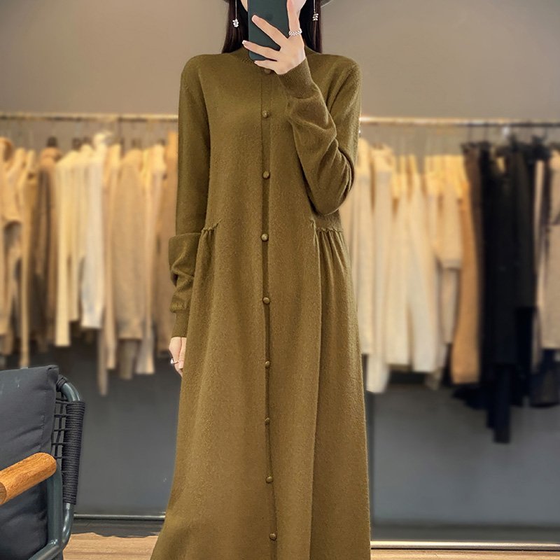 Pure handmade 100% pure cashmere dress women's half high neck Korean version slimmer over the knee long sweater dress