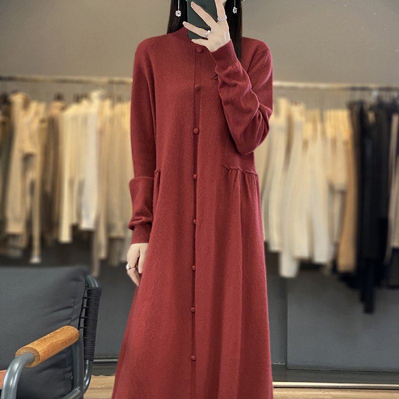 Pure handmade 100% pure cashmere dress women's half high neck Korean version slimmer over the knee long sweater dress