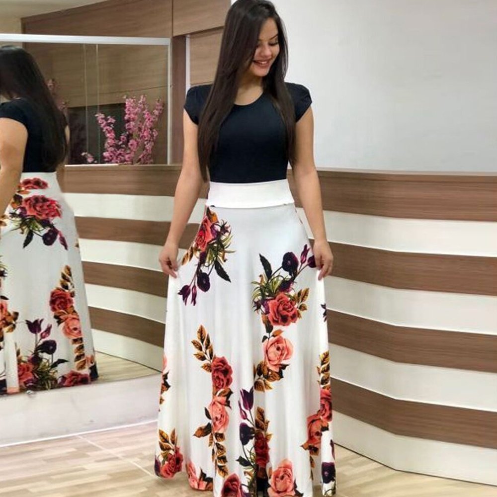 Plus size Flower patchwork casual Maxi dresses women New Cheap High Quality manufacturer Long Short sleeves