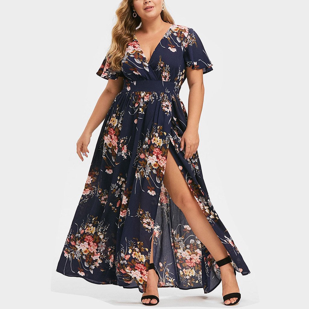 Wholesale XXXXXL Size Women V-neck Floral Print Defined Waist Knit Dress Hot Selling Plus Size Ladies Fashion Elegant Dress