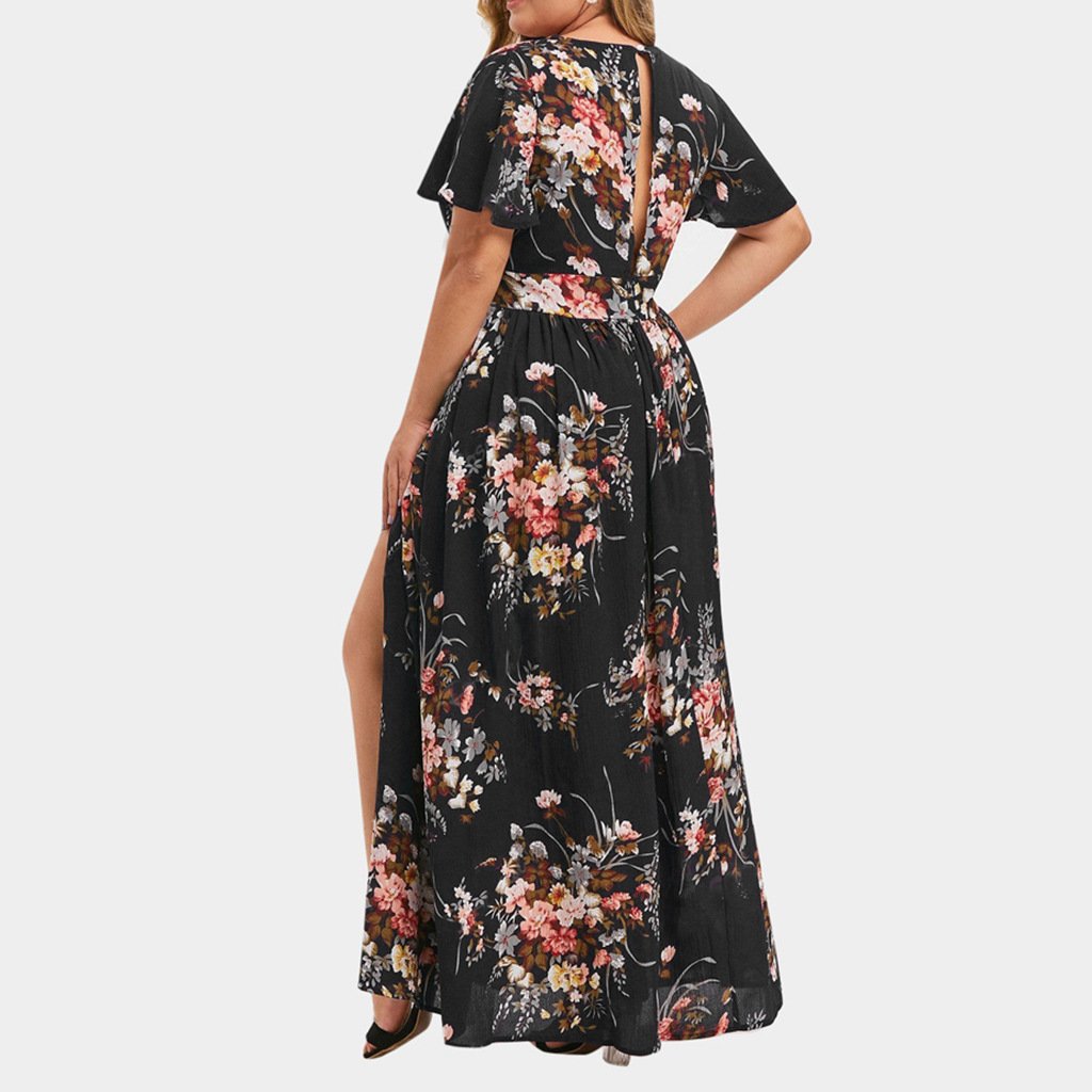 Wholesale XXXXXL Size Women V-neck Floral Print Defined Waist Knit Dress Hot Selling Plus Size Ladies Fashion Elegant Dress