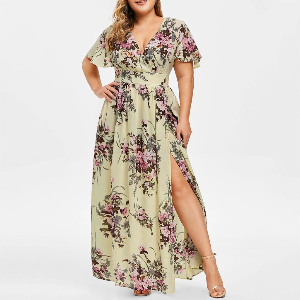 Wholesale XXXXXL Size Women V-neck Floral Print Defined Waist Knit Dress Hot Selling Plus Size Ladies Fashion Elegant Dress