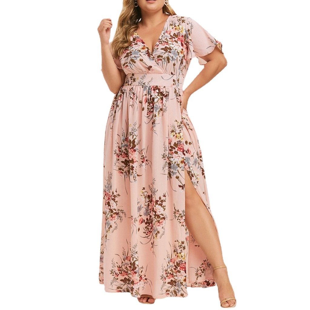 Wholesale XXXXXL Size Women V-neck Floral Print Defined Waist Knit Dress Hot Selling Plus Size Ladies Fashion Elegant Dress