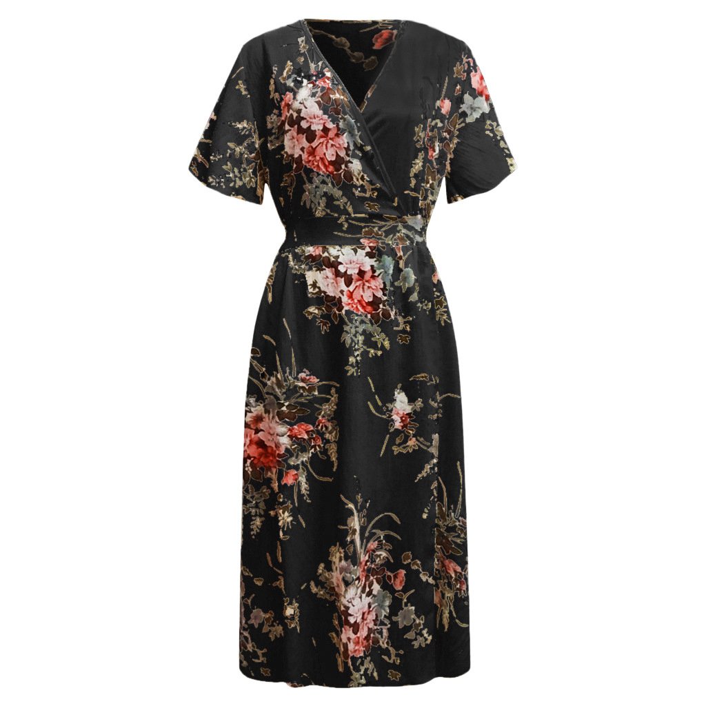 Wholesale XXXXXL Size Women V-neck Floral Print Defined Waist Knit Dress Hot Selling Plus Size Ladies Fashion Elegant Dress