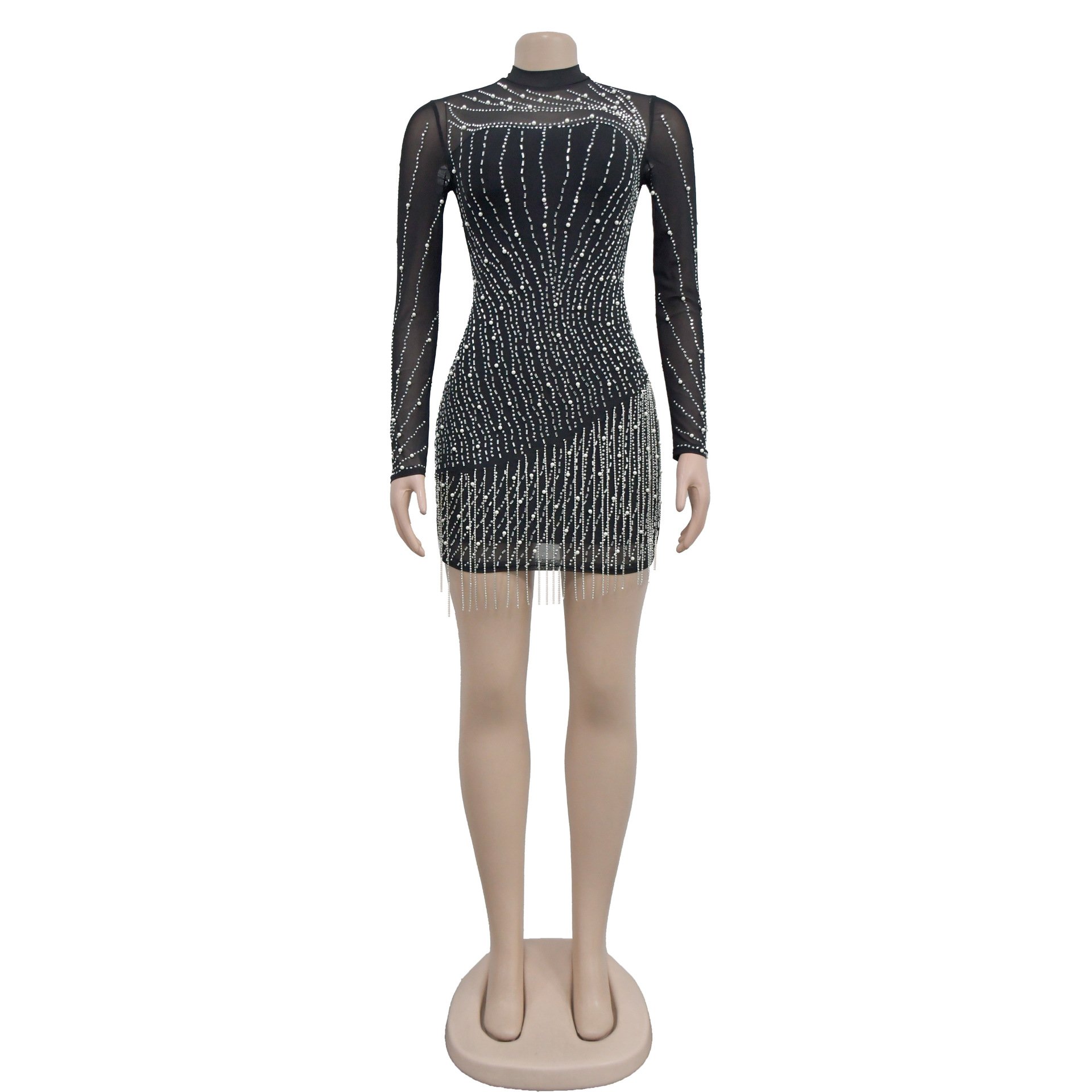 Women clothes ladies evening dresses sexy nightclub party women's mesh see through Long sleeve diamond bubble bead skirt dress