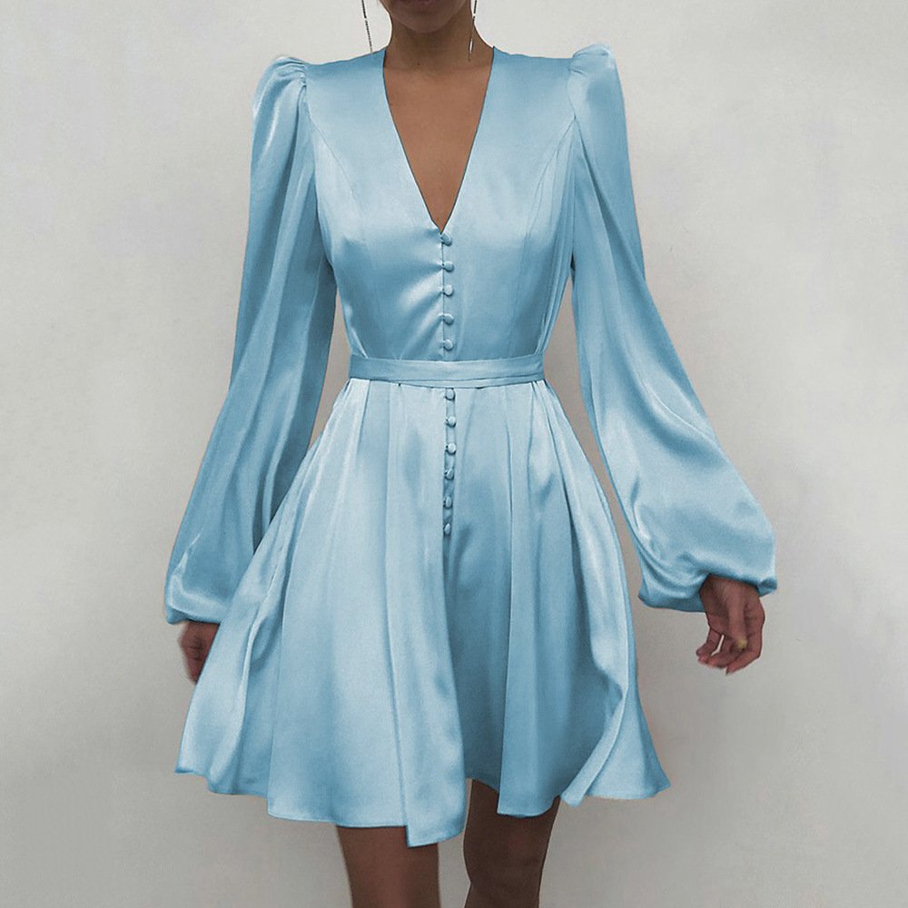 High quality ODM customized long puff sleeve plain dyed v neck elegant shiny satin A line women casual dresses